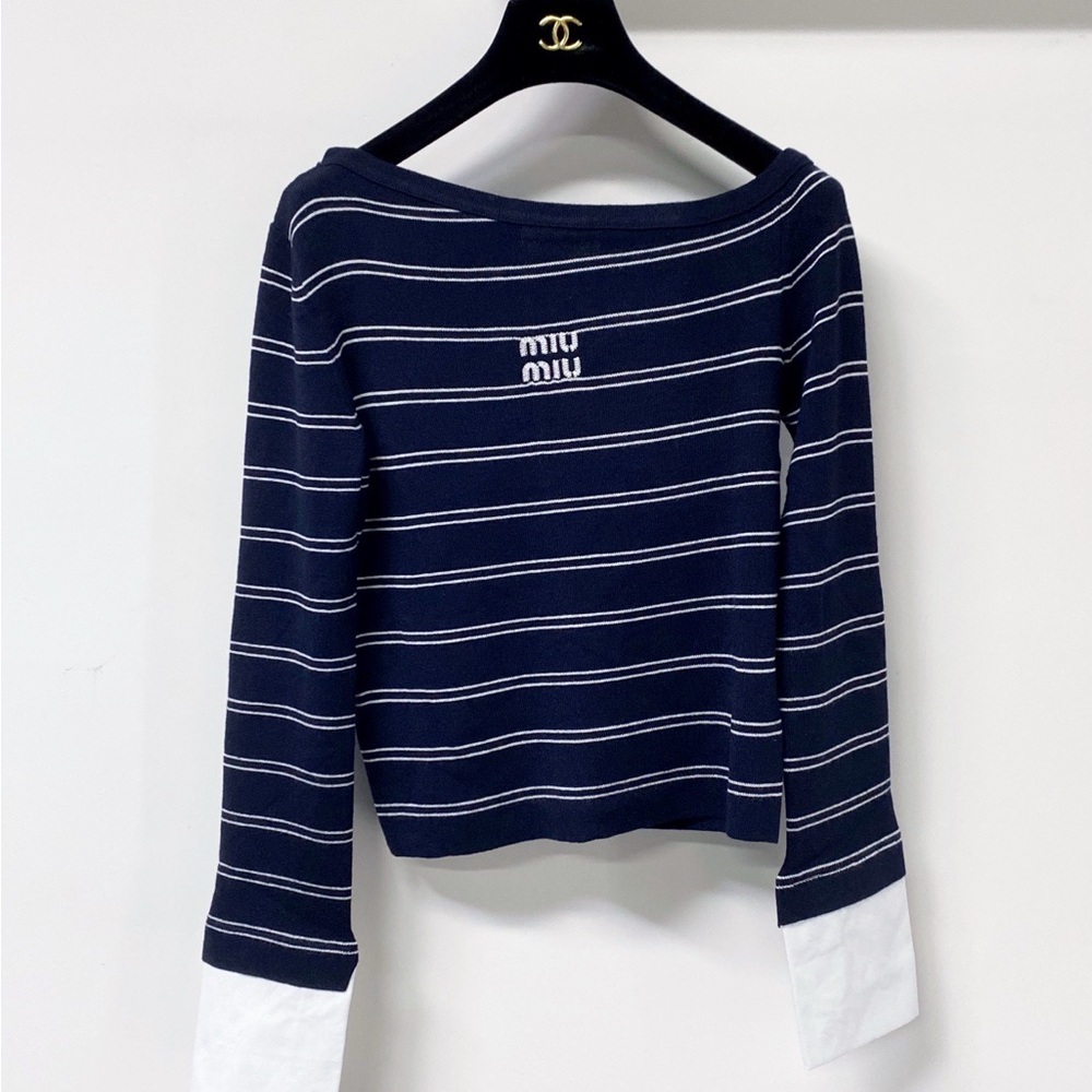 Miu Miu Navy Striped Boat-Neck Long Sleeve Top